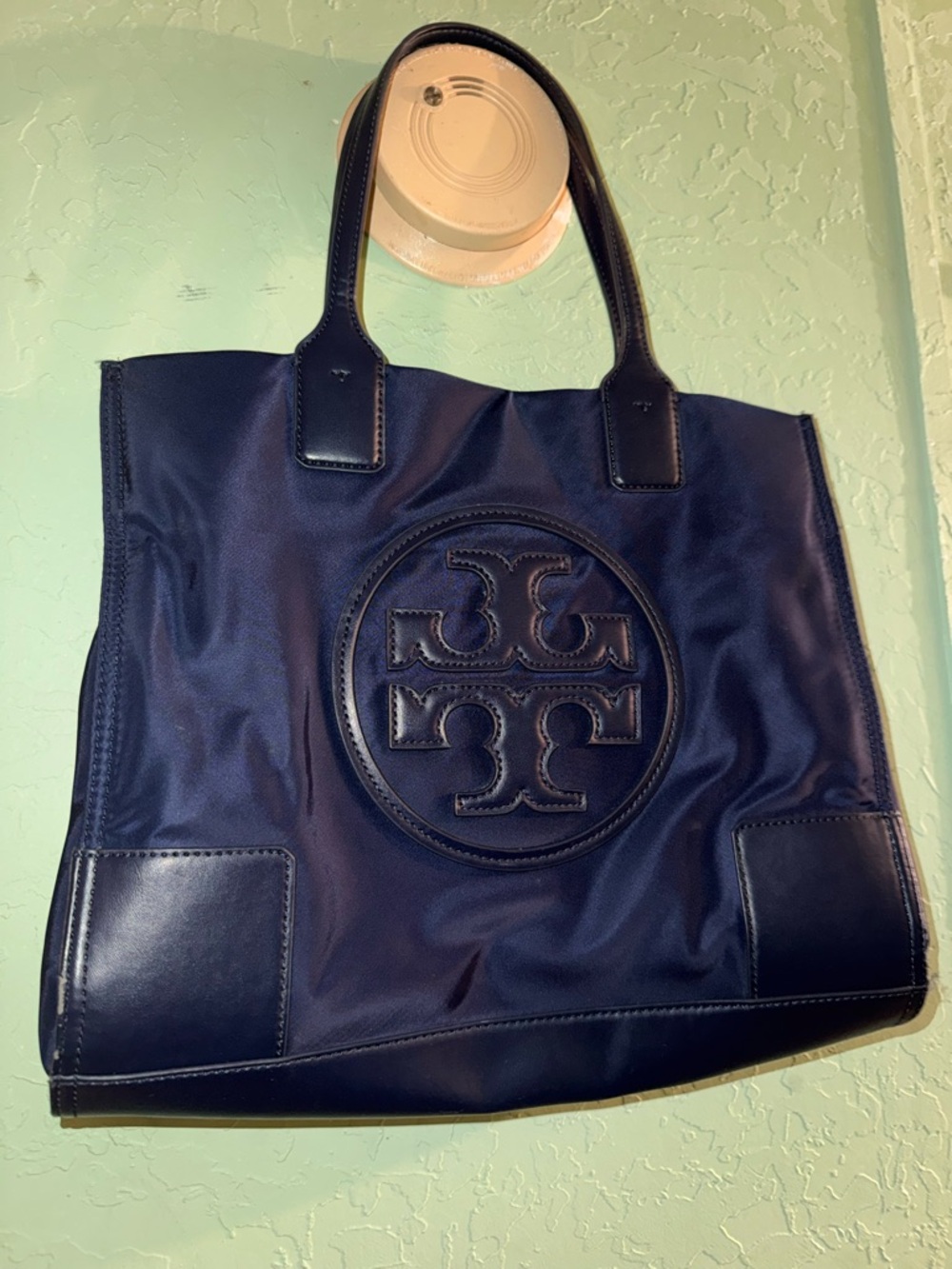 Tory Burch Navy Leather Mini Ella Tote Bag with Logo Accent for Women